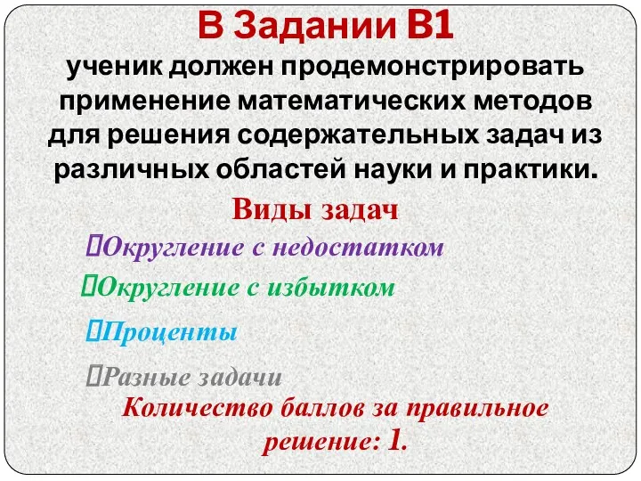 В Задании B1 ученик должен продемонстрировать применение математических методов для решения содержательных задач