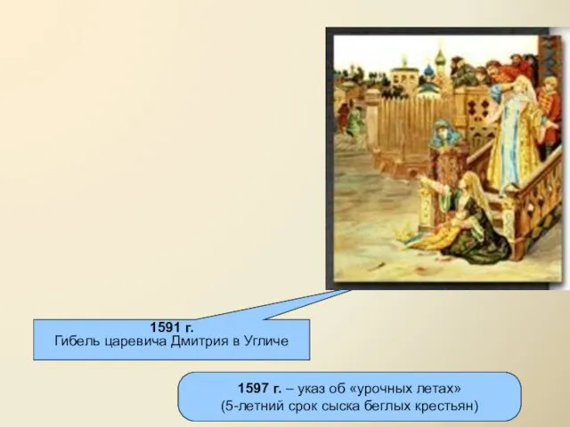 1591 г. Гибель царевича Дмитрия в Угличе 1597 г. –