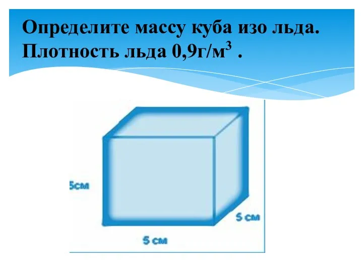 Определите массу куба изо льда. Плотность льда 0,9г/м3 .