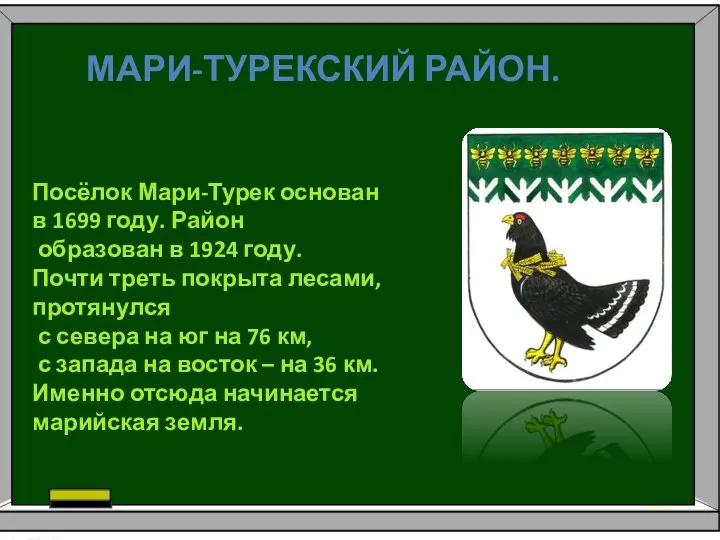 Мари-Турекский район. Посёлок Мари-Турек основан в 1699 году. Район образован