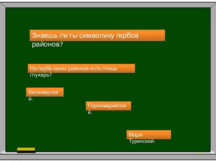 Знаешь ли ты символику гербов районов? На гербе каких районов есть птица глухарь? Килемарский. Горномарийский. Мари-Турекский.