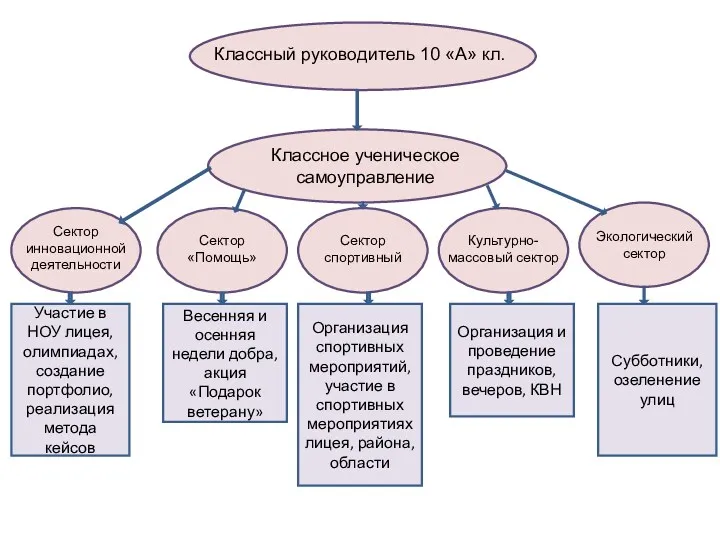 Классный руководитель 10 «А» кл. Классное ученическое самоуправление Сектор инновационной