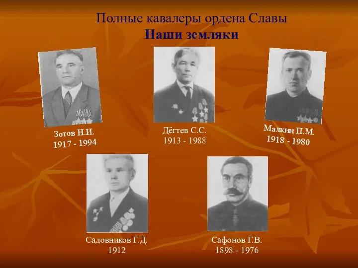 Полные кавалеры ордена Славы Наши земляки Дёгтев С.С. 1913 - 1988 Зотов Н.И.