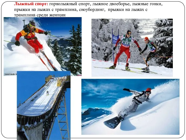 Лыжный спорт: горнолыжный спорт, лыжное двоеборье, лыжные гонки, прыжки на лыжах с трамплина,