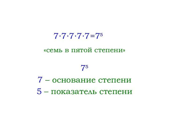 7∙7∙7∙7∙7 =7 «семь в пятой степени» 7 7 – основание степени 5 – показатель степени