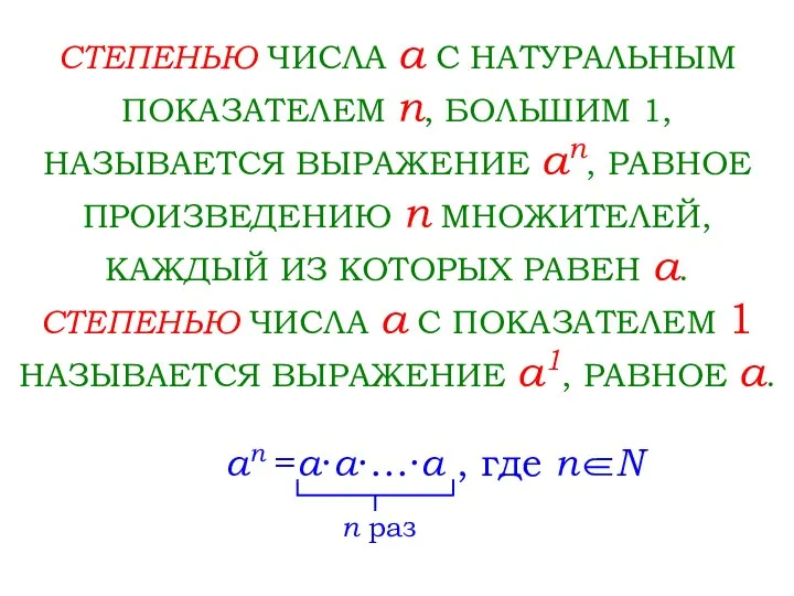 СТЕПЕНЬЮ ЧИСЛА a С НАТУРАЛЬНЫМ ПОКАЗАТЕЛЕМ n, БОЛЬШИМ 1, НАЗЫВАЕТСЯ ВЫРАЖЕНИЕ an, РАВНОЕ