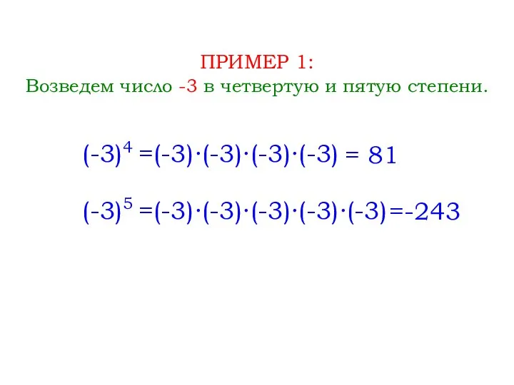 ПРИМЕР 1: Возведем число -3 в четвертую и пятую степени. (-3)4 =(-3)∙(-3)∙(-3)∙(-3) =