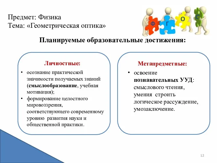 Предмет: Физика Тема: «Геометрическая оптика» Планируемые образовательные достижения: Личностные: осознание