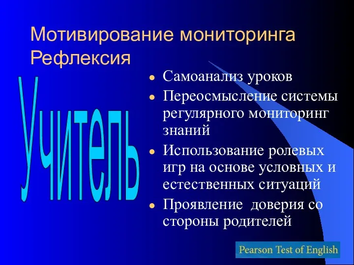 Мотивирование мониторинга Рефлексия Учитель Самоанализ уроков Переосмысление системы регулярного мониторинг