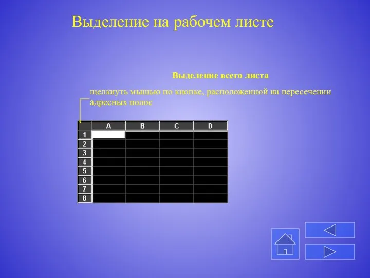 Выделение на рабочем листе Выделение всего листа щелкнуть мышью по кнопке, расположенной на пересечении адресных полос