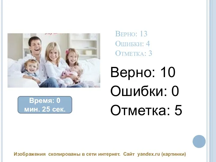 Верно: 13 Ошибки: 4 Отметка: 3 Верно: 10 Ошибки: 0