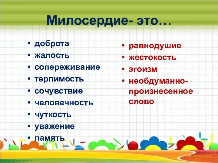 Милосердие- это… доброта жалость сопереживание терпимость сочувствие человечность чуткость уважение память равнодушие жестокость эгоизм необдуманно-произнесенное слово