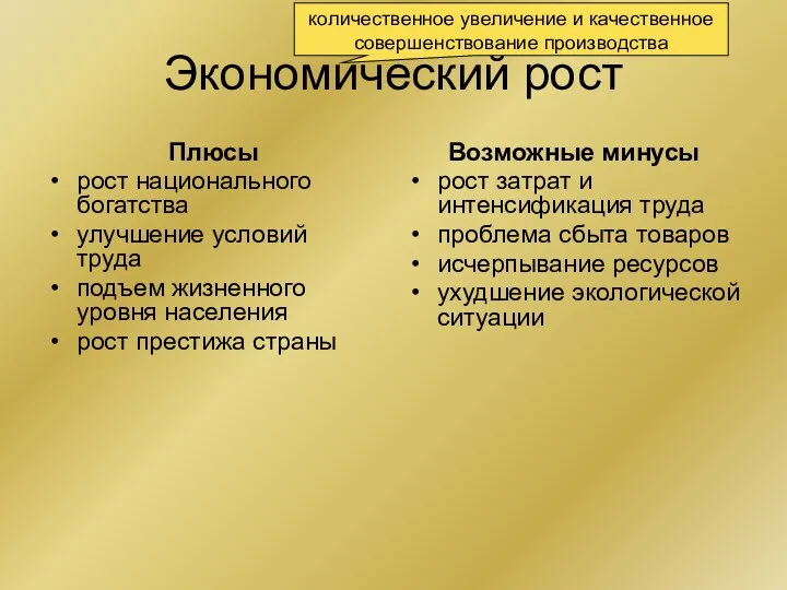 Экономический рост Плюсы рост национального богатства улучшение условий труда подъем