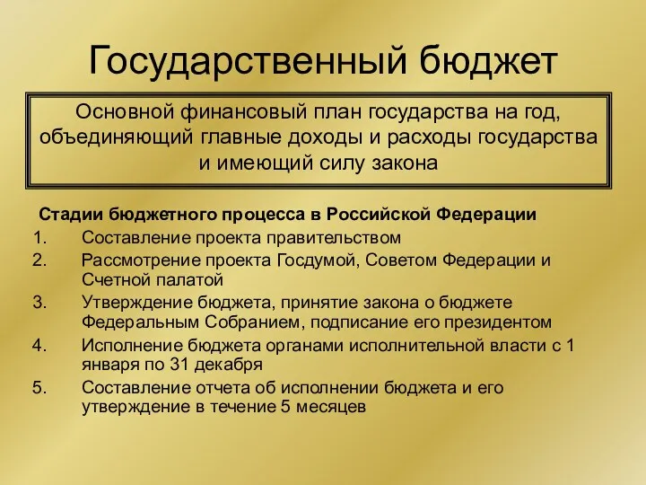 Государственный бюджет Стадии бюджетного процесса в Российской Федерации Составление проекта