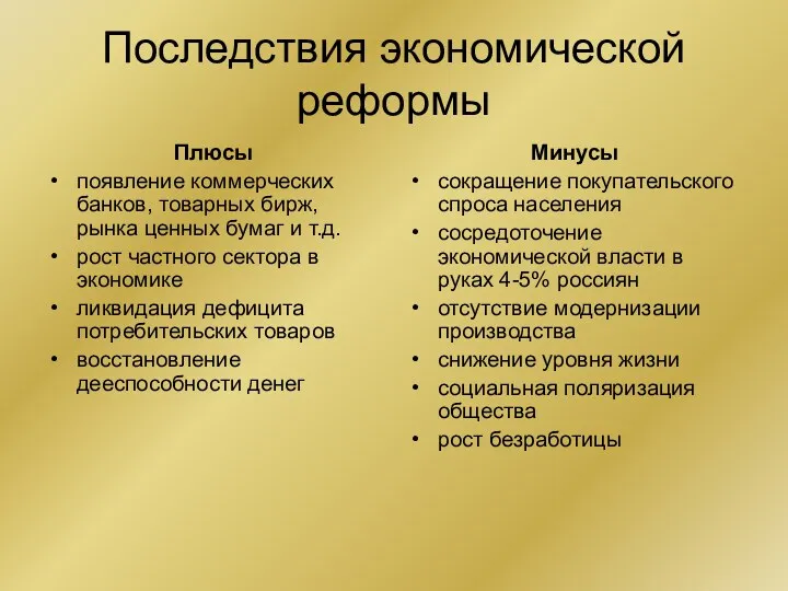 Последствия экономической реформы Плюсы появление коммерческих банков, товарных бирж, рынка