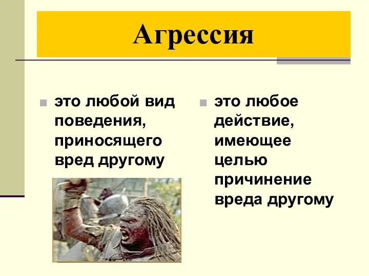 Агрессия это любой вид поведения, приносящего вред другому это любое действие, имеющее целью причинение вреда другому