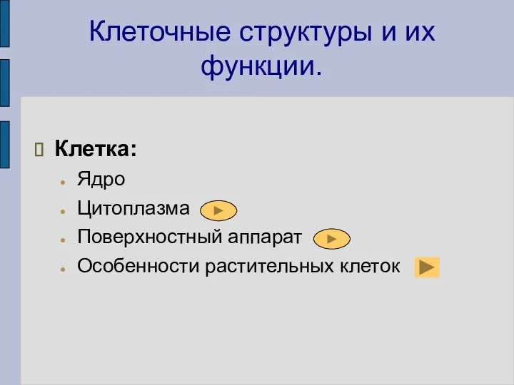 Клеточные структуры и их функции. Клетка: Ядро Цитоплазма Поверхностный аппарат Особенности растительных клеток