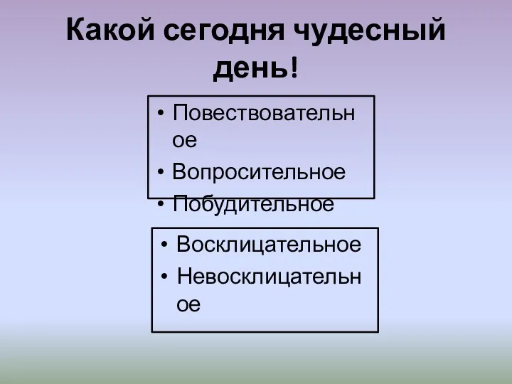 Какой сегодня чудесный день! Повествовательное Вопросительное Побудительное Восклицательное Невосклицательное