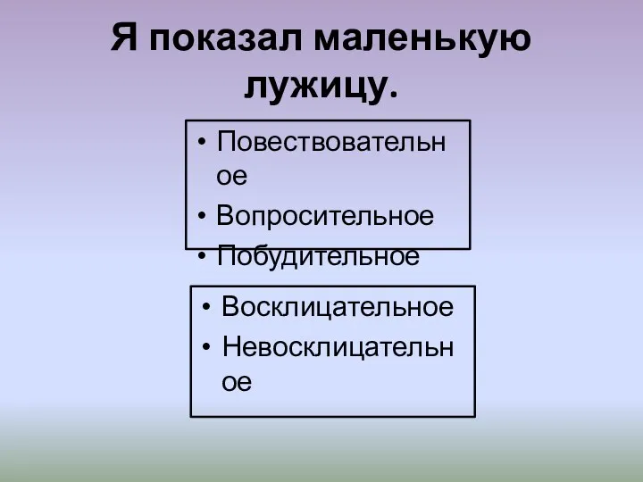 Я показал маленькую лужицу. Повествовательное Вопросительное Побудительное Восклицательное Невосклицательное