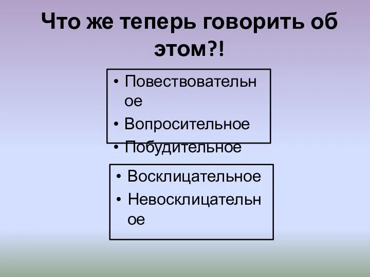 Что же теперь говорить об этом?! Повествовательное Вопросительное Побудительное Восклицательное Невосклицательное