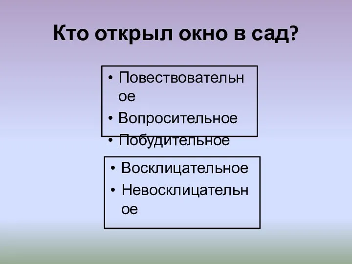 Кто открыл окно в сад? Повествовательное Вопросительное Побудительное Восклицательное Невосклицательное