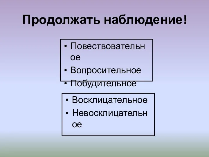 Продолжать наблюдение! Повествовательное Вопросительное Побудительное Восклицательное Невосклицательное