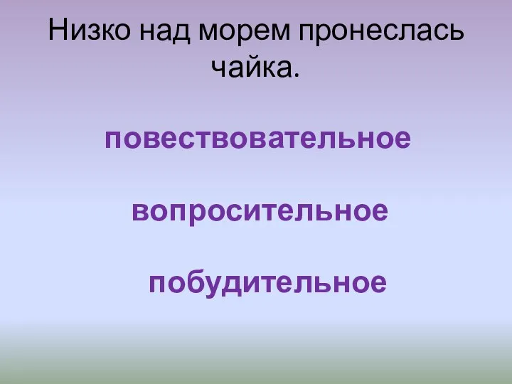 Низко над морем пронеслась чайка. повествовательное вопросительное побудительное