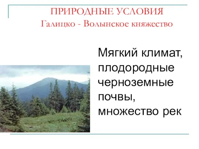 ПРИРОДНЫЕ УСЛОВИЯ Галицко - Волынское княжество Мягкий климат, плодородные черноземные почвы, множество рек