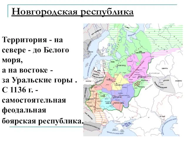 Новгородская республика Территория - на севере - до Белого моря, а на востоке