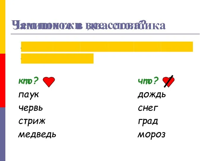 Запишите в два столбика дождь, паук, червь, снег, град, стриж,