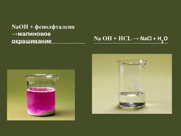 NaOH + фенолфталеин →малиновое окрашивание Na OH + HCL → NaCl + H2O