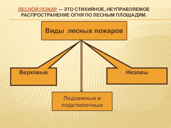 Лесно́й пожа́р — это стихийное, неуправляемое распространение огня по лесным площадям. Виды лесных