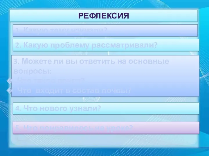 рефлексия 1. Какую тему изучали? 2. Какую проблему рассматривали? 3.