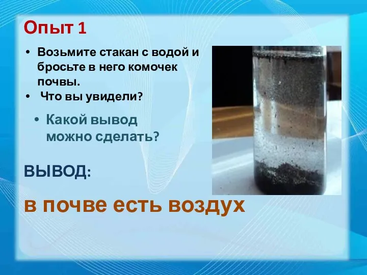 Опыт 1 Возьмите стакан с водой и бросьте в него комочек почвы. Что