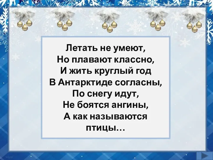 Летать не умеют, Но плавают классно, И жить круглый год В Антарктиде согласны,