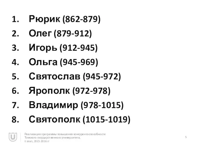 Рюрик (862-879) Олег (879-912) Игорь (912-945) Ольга (945-969) Святослав (945-972)