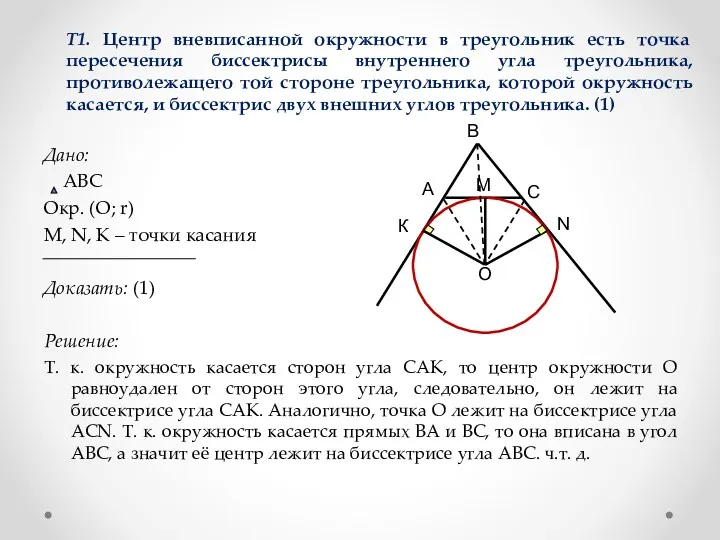 Т1. Центр вневписанной окружности в треугольник есть точка пересечения биссектрисы