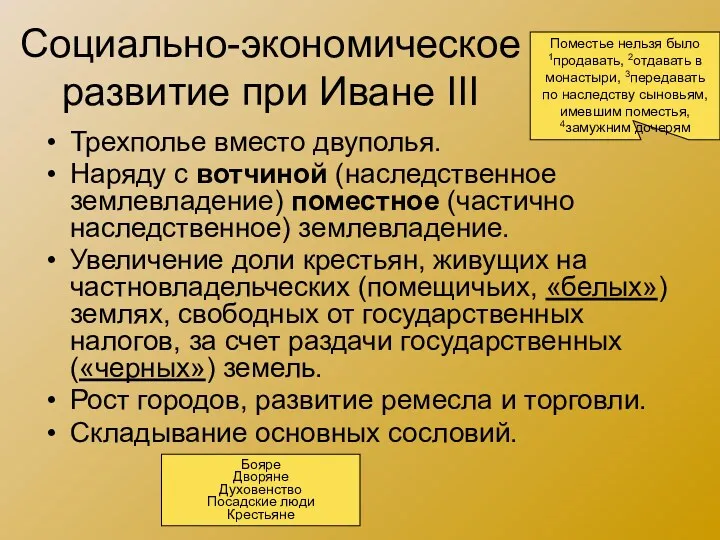 Социально-экономическое развитие при Иване III Трехполье вместо двуполья. Наряду с