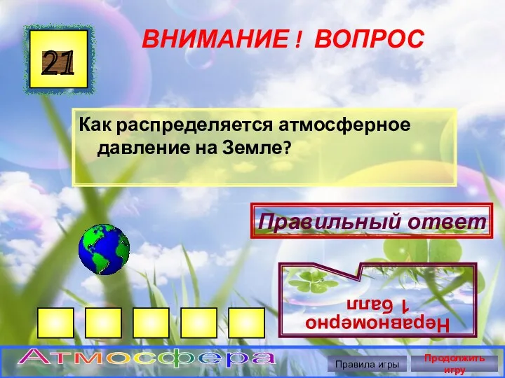 ВНИМАНИЕ ! ВОПРОС Как распределяется атмосферное давление на Земле? 21