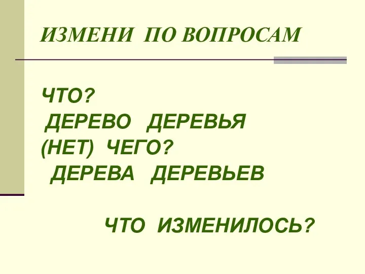 ИЗМЕНИ ПО ВОПРОСАМ ЧТО? ДЕРЕВО ДЕРЕВЬЯ (НЕТ) ЧЕГО? ДЕРЕВА ДЕРЕВЬЕВ ЧТО ИЗМЕНИЛОСЬ?