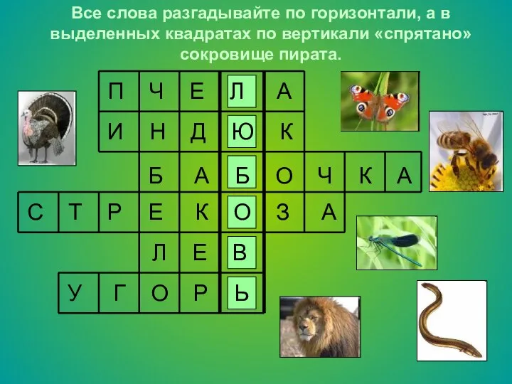 Все слова разгадывайте по горизонтали, а в выделенных квадратах по