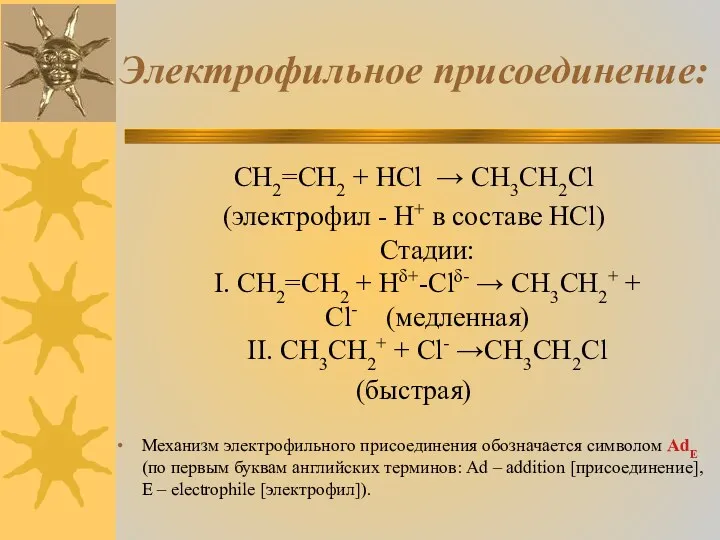 Электрофильное присоединение: CH2=CH2 + HCl → CH3CH2Cl (электрофил - H+ в составе HCl)