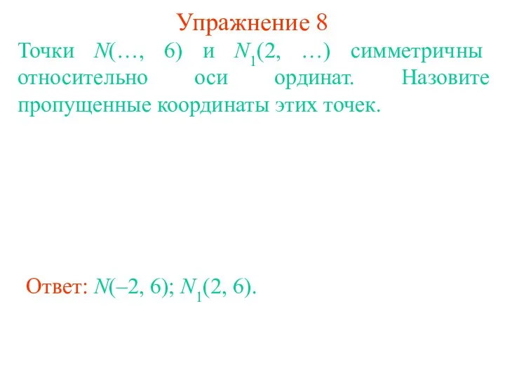 Упражнение 8 Точки N(…, 6) и N1(2, …) симметричны относительно оси ординат. Назовите