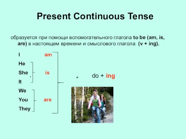Present Continuous Tense образуется при помощи вспомогательного глагола to be (am, is, are)