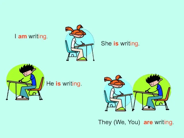 утвердительная форма I am writing. They (We, You) are writing. She is writing. He is writing.