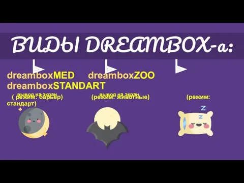 ВИДЫ DREAMBOX-а: dreamboxMED dreamboxZOO dreamboxSTANDART ( режим: барьер) (режим: животные)