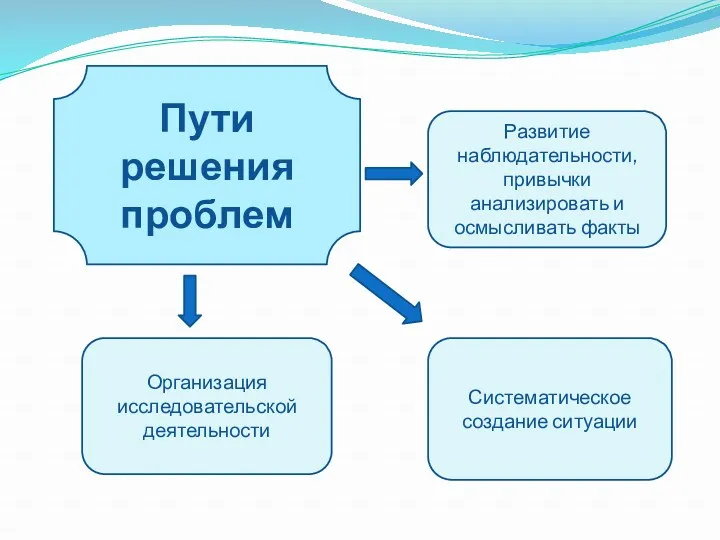 Пути решения проблем Развитие наблюдательности, привычки анализировать и осмысливать факты Систематическое создание ситуации Организация исследовательской деятельности