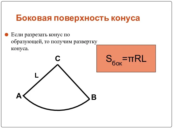 Боковая поверхность конуса Если разрезать конус по образующей, то получим развертку конуса. L