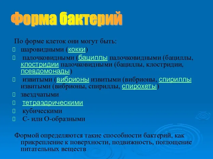 По форме клеток они могут быть: шаровидными (кокки) палочковидными (бациллы