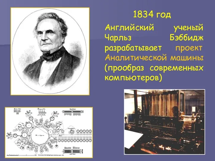 1834 год Английский ученый Чарльз Бэббидж разрабатывает проект Аналитической машины (прообраз современных компьютеров)